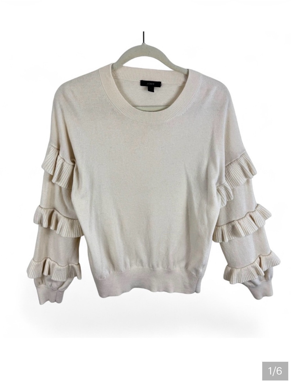 J.Crew Cream Wool Blend Ruffle Tiered Sleeve Crewneck Sweater Ivory Women Medium